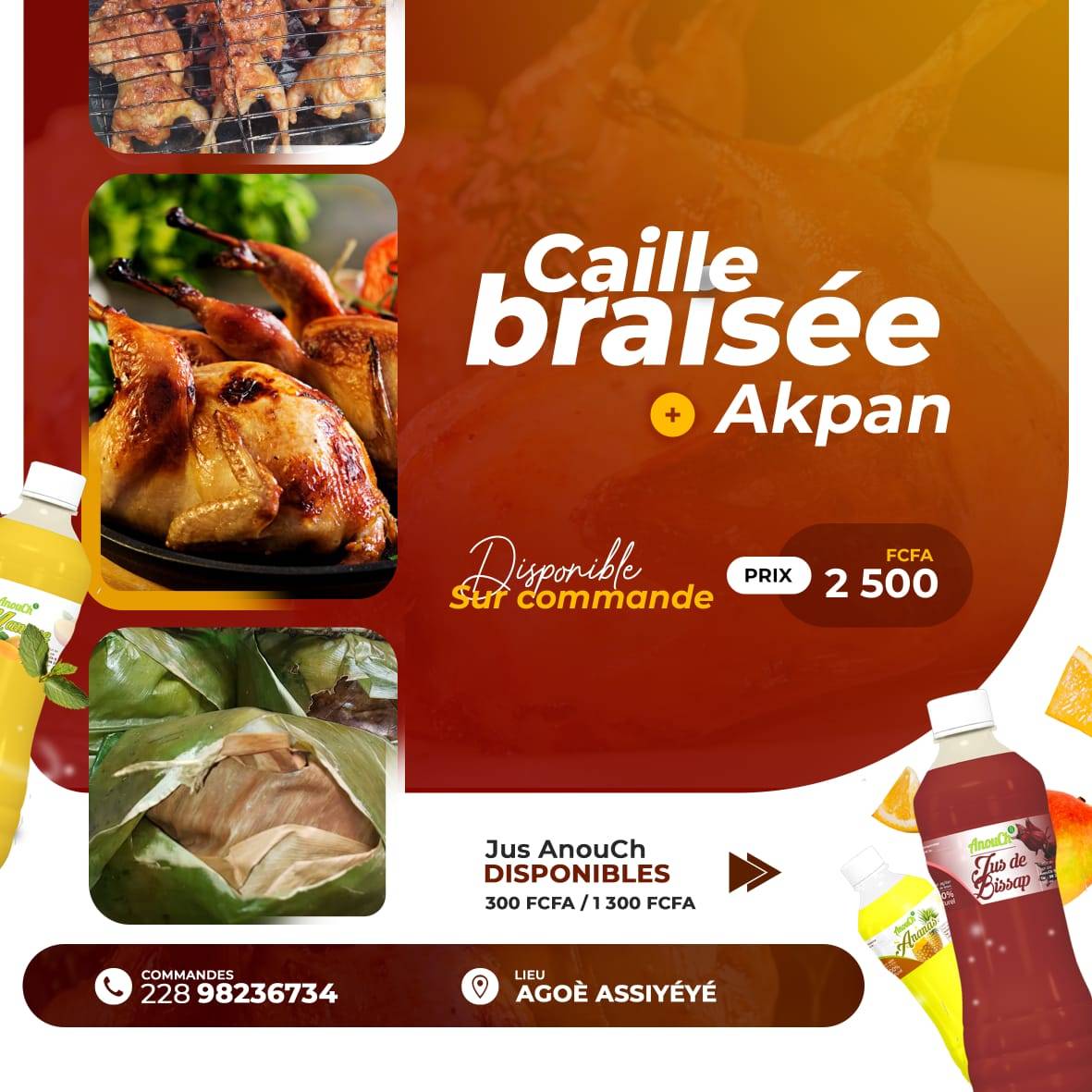 Cailles braisées avec 2 boules d'akpan